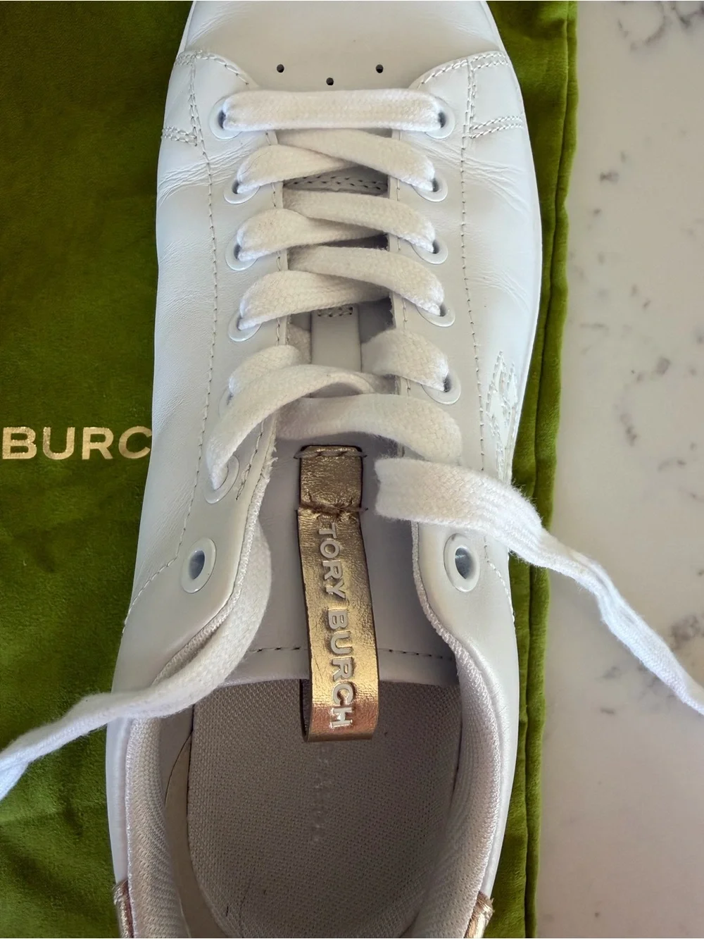 Tory Burch White Leather Sneakers with Gold Heel and Tongue Trim